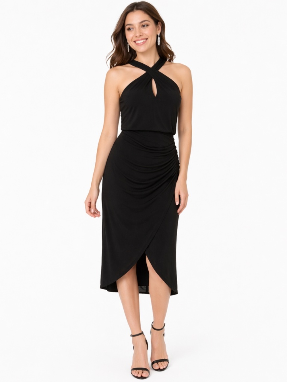 Adrianna Papell - Black Faux Wrap Midi Dress